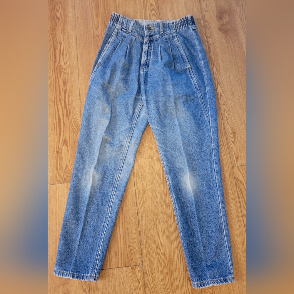 Vintage 80s 90s Mom Lee High Rise Tapered Leg Pleated Front Bareback Blue 26" wa